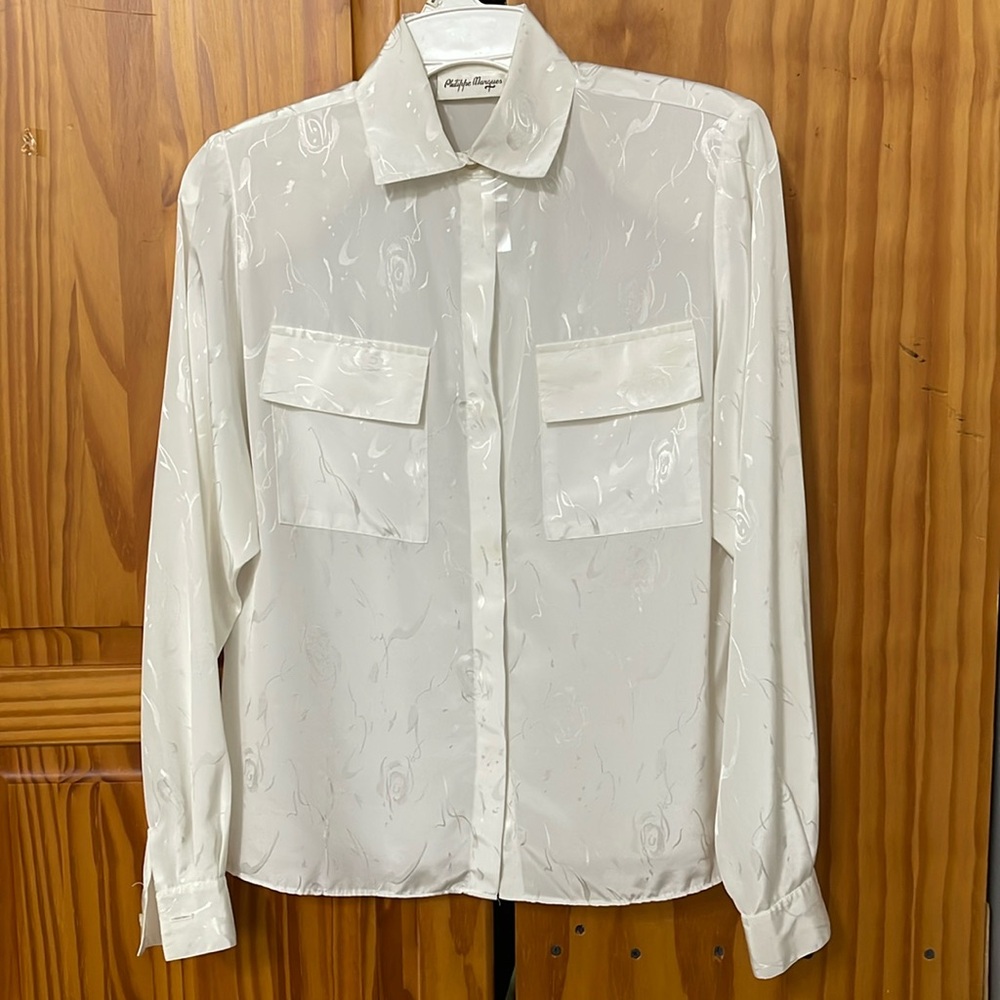PHILIPPE MARQUES VINTAGE BUTTON DOWN BLOUSE SIZE 6 CREAM DOUBLE POCKETS SWIRLS